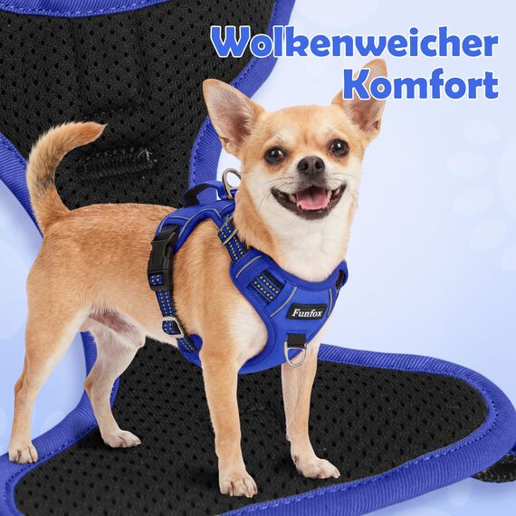 Funfox Hundegeschirr Mittelgroße Hunde [L] - Verstellbares Anti-Zug Brustgeschirr mit Griff & Reflektorstreifen, Atmungsaktives No Pull Hundegeschirr für Grosse/Kleine Hunde Outdoor Blau