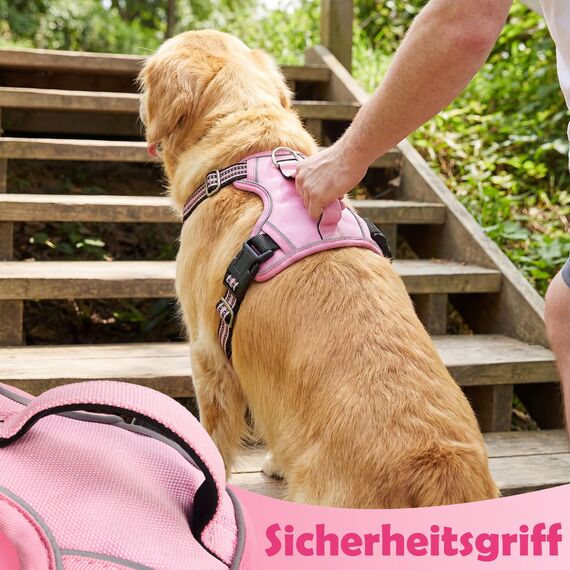 Funfox Hundegeschirr Mittelgroße Hunde [L] - Verstellbares Anti-Zug Brustgeschirr mit Griff & Reflektorstreifen, Atmungsaktives No Pull Hundegeschirr für Grosse/Kleine Hunde Outdoor Rosa