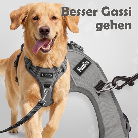 Funfox Hundegeschirr Mittelgroße Hunde [M] - Verstellbares Anti-Zug Brustgeschirr mit Griff & Reflektorstreifen, Atmungsaktives No Pull Hundegeschirr für Grosse/Kleine Hunde Outdoor Grau