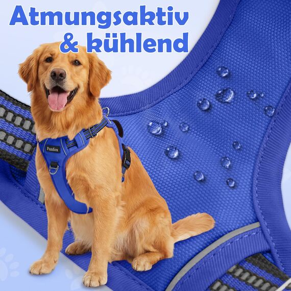 Funfox Hundegeschirr Mittelgroße Hunde [L] - Verstellbares Anti-Zug Brustgeschirr mit Griff & Reflektorstreifen, Atmungsaktives No Pull Hundegeschirr für Grosse/Kleine Hunde Outdoor Blau