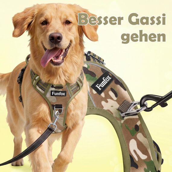 Funfox Hundegeschirr Kleine Hunde [S] - Anti Zug Welpengeschirr mit Griff & Ringreflektoren, Atmungsaktives Verstellbares No Pull Brustgeschirr für Kleine Mittelgroße Hunde Outdoor Kampfuniformgrün