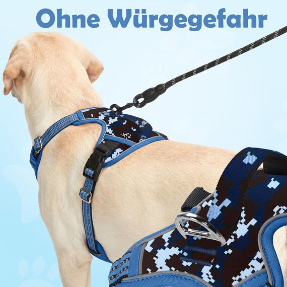 Funfox Hundegeschirr Mittelgroße Hunde, Anti Zug Brustgeschirr Verstellbares Geschirr Hund mit Griff Reflektorstreifen, No Pull Geschirr Hund für Kleine Mittlere Grosse Dog Harness Mosaik Blau L