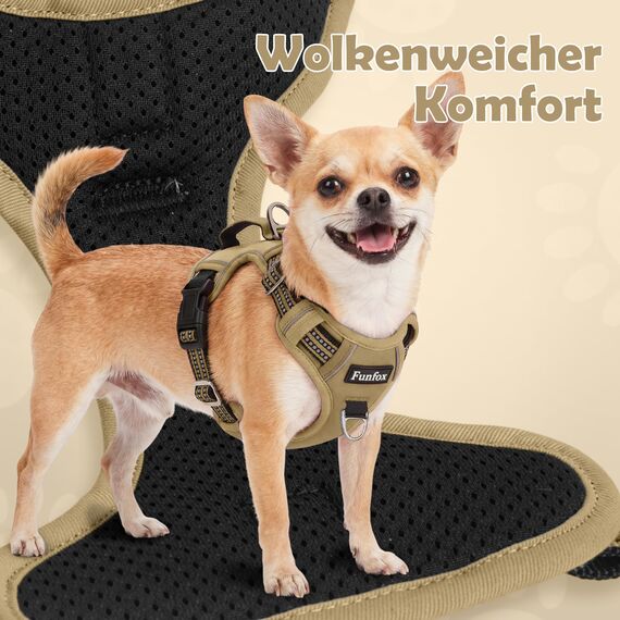 Funfox Hundegeschirr Mittelgroße Hunde [L] - Verstellbares Anti-Zug Brustgeschirr mit Griff & Reflektorstreifen, Atmungsaktives No Pull Hundegeschirr für Grosse/Kleine Hunde Outdoor Braun