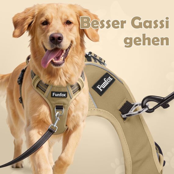 Funfox Hundegeschirr Mittelgroße Hunde [L] - Verstellbares Anti-Zug Brustgeschirr mit Griff & Reflektorstreifen, Atmungsaktives No Pull Hundegeschirr für Grosse/Kleine Hunde Outdoor Braun