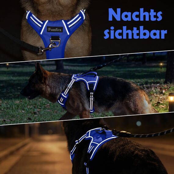 Funfox Hundegeschirr Mittelgroße Hunde [L] - Verstellbares Anti-Zug Brustgeschirr mit Griff & Reflektorstreifen, Atmungsaktives No Pull Hundegeschirr für Grosse/Kleine Hunde Outdoor Blau
