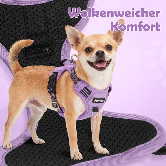 Funfox Hundegeschirr Mittelgroße Hunde, Anti Zug Brustgeschirr Verstellbares Geschirr Hund mit Griff Reflektorstreifen, No Pull Geschirr Hund für Kleine Mittlere Grosse Dog Harness Lavendel L