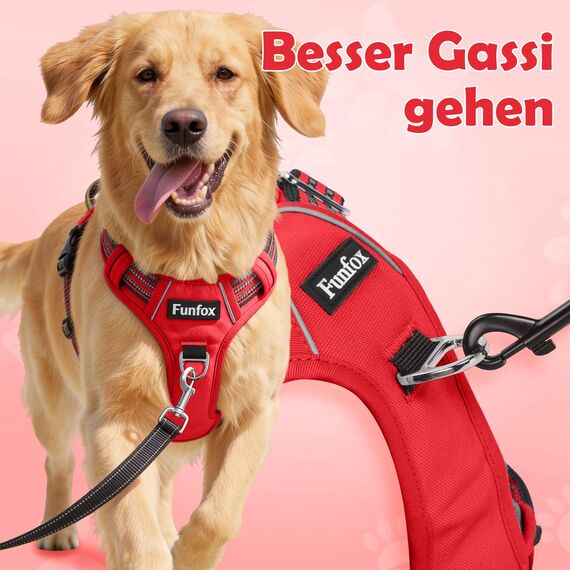 Funfox Hundegeschirr Mittelgroße Hunde [L] - Verstellbares Anti-Zug Brustgeschirr mit Griff & Reflektorstreifen, Atmungsaktives No Pull Hundegeschirr für Grosse/Kleine Hunde Outdoor Rot
