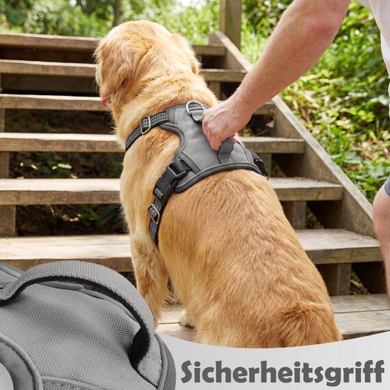 Funfox Hundegeschirr Mittelgroße Hunde [M] - Verstellbares Anti-Zug Brustgeschirr mit Griff & Reflektorstreifen, Atmungsaktives No Pull Hundegeschirr für Grosse/Kleine Hunde Outdoor Grau