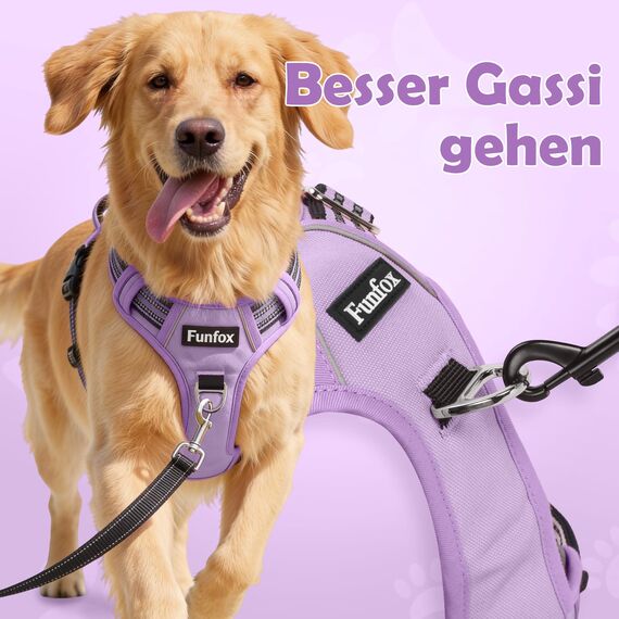 Funfox Hundegeschirr Mittelgroße Hunde [M] - Verstellbares Anti-Zug Brustgeschirr mit Griff & Reflektorstreifen, Atmungsaktives No Pull Hundegeschirr für Grosse/Kleine Hunde Outdoor Lavendel