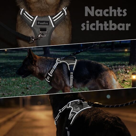 Funfox Hundegeschirr Mittelgroße Hunde [M] - Verstellbares Anti-Zug Brustgeschirr mit Griff & Reflektorstreifen, Atmungsaktives No Pull Hundegeschirr für Grosse/Kleine Hunde Outdoor Grau