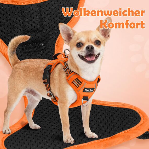 Funfox Hundegeschirr Mittelgroße Hunde [L] - Verstellbares Anti-Zug Brustgeschirr mit Griff & Reflektorstreifen, Atmungsaktives No Pull Hundegeschirr für Grosse/Kleine Hunde Outdoor Orange