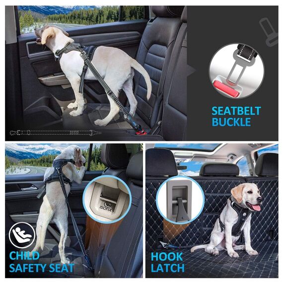 IOKHEIRA Hunde Sicherheitsgurt für Auto, Hundegurt fürs Auto Sicherheitsgeschirr Einstellbarer mit Universalstecker & Befestigung der Verriegelungsstange (Mitternacht)