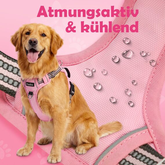 Funfox Hundegeschirr Mittelgroße Hunde [L] - Verstellbares Anti-Zug Brustgeschirr mit Griff & Reflektorstreifen, Atmungsaktives No Pull Hundegeschirr für Grosse/Kleine Hunde Outdoor Rosa