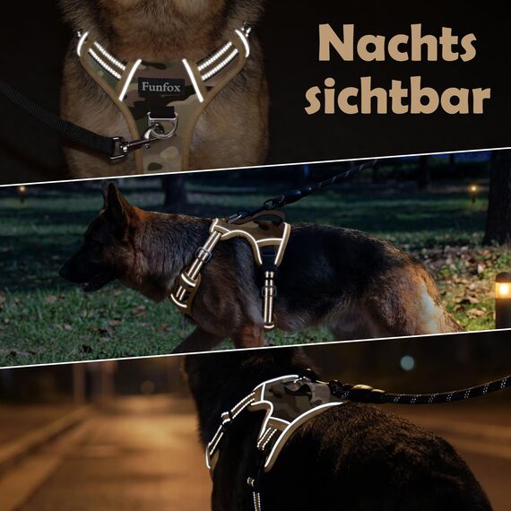 Funfox Hundegeschirr Mittelgroße Hunde [L] - Verstellbares Anti-Zug Brustgeschirr mit Griff & Reflektorstreifen, Atmungsaktives No Pull Hundegeschirr für Grosse/Kleine Hunde Outdoor Tarnbraun