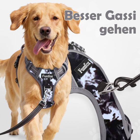 Funfox Hundegeschirr Mittelgroße Hunde, Anti Zug Brustgeschirr Verstellbares Geschirr Hund mit Griff Reflektorstreifen, No Pull Geschirr Hund für Kleine Mittlere Grosse Dog Harness Mistig Grau L