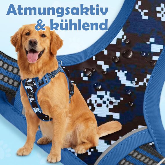 Funfox Hundegeschirr Mittelgroße Hunde [M] - Verstellbares Anti-Zug Brustgeschirr mit Griff & Reflektorstreifen, Atmungsaktives No Pull Hundegeschirr für Grosse/Kleine Hunde Outdoor Mosaik Blau