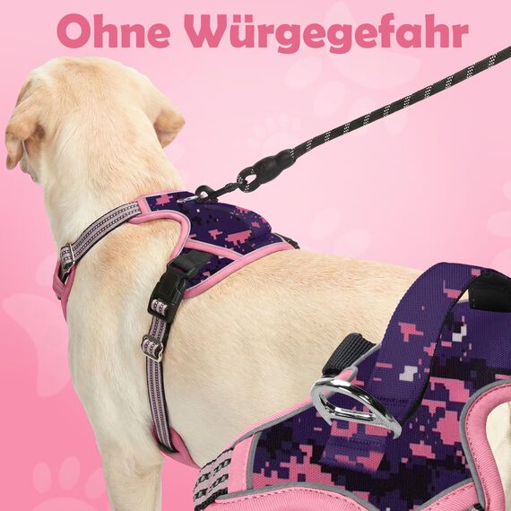Funfox Hundegeschirr Mittelgroße Hunde [M] - Verstellbares Anti-Zug Brustgeschirr mit Griff & Reflektorstreifen, Atmungsaktives No Pull Hundegeschirr für Grosse/Kleine Hunde Outdoor Mosaik Rosa