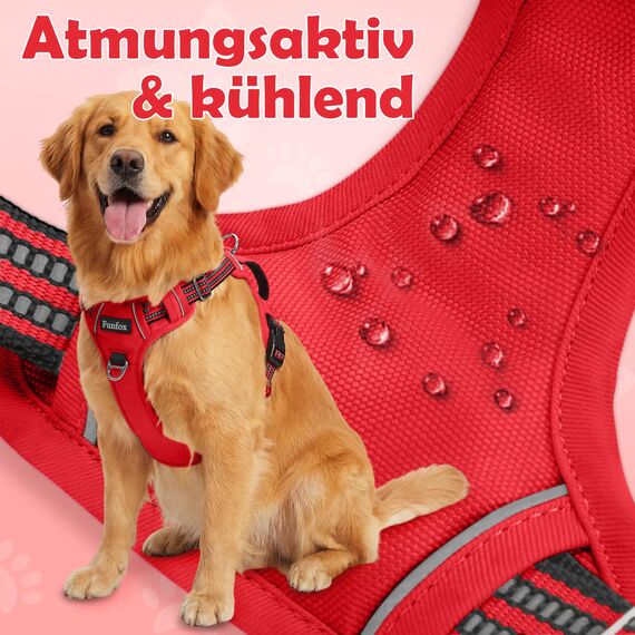 Funfox Hundegeschirr Mittelgroße Hunde [L] - Verstellbares Anti-Zug Brustgeschirr mit Griff & Reflektorstreifen, Atmungsaktives No Pull Hundegeschirr für Grosse/Kleine Hunde Outdoor Rot