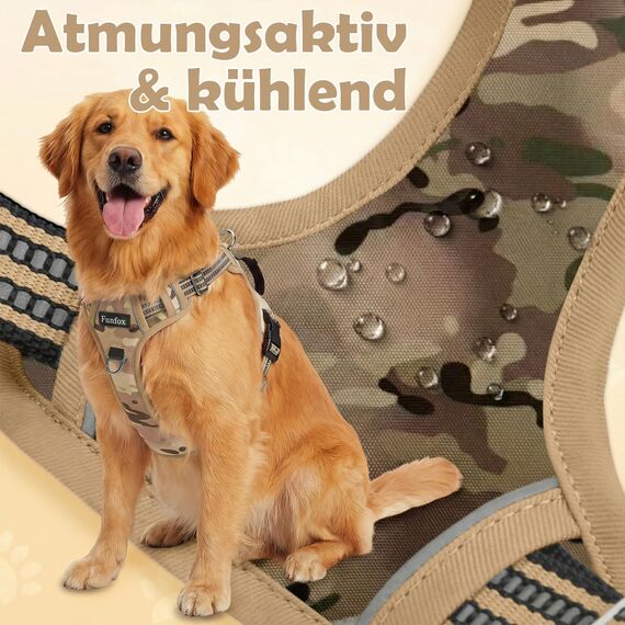 Funfox Hundegeschirr Mittelgroße Hunde [L] - Verstellbares Anti-Zug Brustgeschirr mit Griff & Reflektorstreifen, Atmungsaktives No Pull Hundegeschirr für Grosse/Kleine Hunde Outdoor Tarnbraun