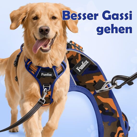 Funfox Hundegeschirr Kleine Hunde [S] - Anti Zug Welpengeschirr mit Griff & Ringreflektoren, Atmungsaktives Verstellbares No Pull Brustgeschirr für Kleine/Mittelgroße Hunde Outdoor Tarnorange