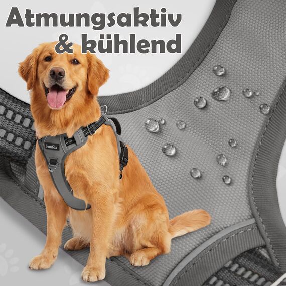 Funfox Hundegeschirr Mittelgroße Hunde [M] - Verstellbares Anti-Zug Brustgeschirr mit Griff & Reflektorstreifen, Atmungsaktives No Pull Hundegeschirr für Grosse/Kleine Hunde Outdoor Grau