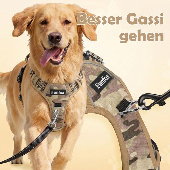Funfox Hundegeschirr Mittelgroße Hunde [L] - Verstellbares Anti-Zug Brustgeschirr mit Griff & Reflektorstreifen, Atmungsaktives No Pull Hundegeschirr für Grosse/Kleine Hunde Outdoor Tarnbraun