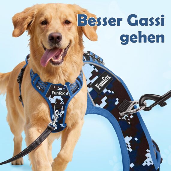 Funfox Hundegeschirr Mittelgroße Hunde, Anti Zug Brustgeschirr Verstellbares Geschirr Hund mit Griff Reflektorstreifen, No Pull Geschirr Hund für Kleine Mittlere Grosse Dog Harness Mosaik Blau L