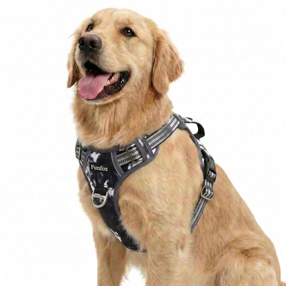 Funfox Hundegeschirr Mittelgroße Hunde, Anti Zug Brustgeschirr Verstellbares Geschirr Hund mit Griff Reflektorstreifen, No Pull Geschirr Hund für Kleine Mittlere Grosse Dog Harness Mistig Grau L