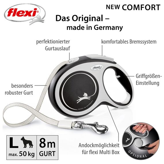 flexi® Comfort L Gurt 8 m schwarz, Roll-Leine für Hunde bis 50 kg