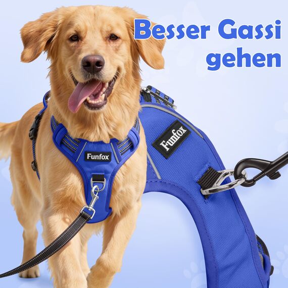 Funfox Hundegeschirr Mittelgroße Hunde [L] - Verstellbares Anti-Zug Brustgeschirr mit Griff & Reflektorstreifen, Atmungsaktives No Pull Hundegeschirr für Grosse/Kleine Hunde Outdoor Blau