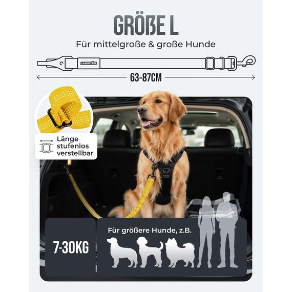 ZAUBERPFOTE Hundegurt 'Argo‘ fürs Auto – Verstellbarer Sicherheitsgurt mit Rückdämpfung & ISOFIX Anschluss – Anschnallgurt für alle Hunderassen (Gelb, Gr. L)