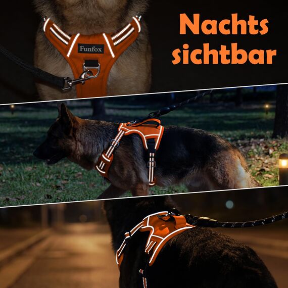 Funfox Hundegeschirr Mittelgroße Hunde [M] - Verstellbares Anti-Zug Brustgeschirr mit Griff & Reflektorstreifen, Atmungsaktives No Pull Hundegeschirr für Grosse/Kleine Hunde Outdoor Orange