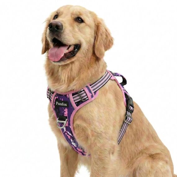 Funfox Hundegeschirr Mittelgroße Hunde, Anti Zug Brustgeschirr Verstellbares Geschirr Hund mit Griff Reflektorstreifen, No Pull Geschirr Hund für Kleine Mittlere Grosse Dog Harness Mosaik Rosa L