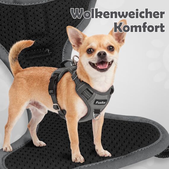 Funfox Hundegeschirr Mittelgroße Hunde [M] - Verstellbares Anti-Zug Brustgeschirr mit Griff & Reflektorstreifen, Atmungsaktives No Pull Hundegeschirr für Grosse/Kleine Hunde Outdoor Grau
