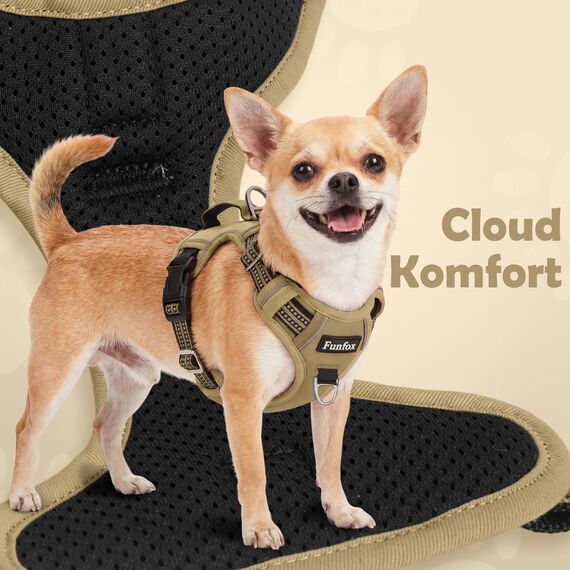 Funfox Hundegeschirr Kleine Hunde - Anti Zug Welpengeschirr mit Griff & Ringreflektoren, Atmungsaktives Verstellbares No Pull Brustgeschirr für Kleine Mittelgroße Hunde Outdoor Braun S