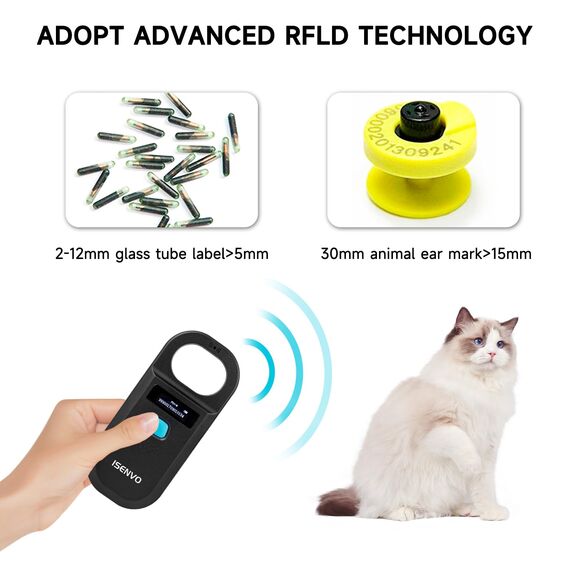 ISENVO Haustier ID Lesegerät, Haustier ID Pet Scanner, Wiederaufladbarer, RFID Mikrochip-Leser 134,2 kHz 125 kHz, Liest Haustierchips in FDX-B (ISO11784/11785) und EMID-Mikrochips, 15 Ziffern