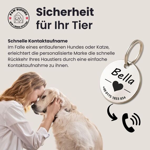 Hundemarke mit Gravur - Personalisiert - Edelstahl - ⌀30mm - Silber - Namensschild für Halsband - Dog Tag - Anhänger Marke für Hunde - mit Symbolauswahl - Tiermarke für Hunde, Katzen, Welpen, Pferde