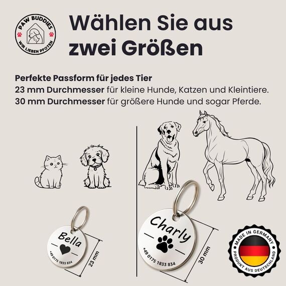 Hundemarke mit Gravur - Personalisiert - Edelstahl - ⌀30mm - Silber - Namensschild für Halsband - Dog Tag - Anhänger Marke für Hunde - mit Symbolauswahl - Tiermarke für Hunde, Katzen, Welpen, Pferde
