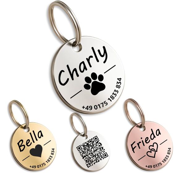Hundemarke mit Gravur - Personalisiert - Edelstahl - ⌀30mm - Silber - Namensschild für Halsband - Dog Tag - Anhänger Marke für Hunde - mit Symbolauswahl - Tiermarke für Hunde, Katzen, Welpen, Pferde