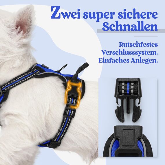 rabbitgoo Hundegeschirr Kleine Hunde, Anti Zug Geschirr mit Kontrolle, No Pull Verstellbar Hundegeschirr Grosse Hunde, Atmungsaktiv Reflexstreifen Brustgeschirr Sichere Führung Blau XS