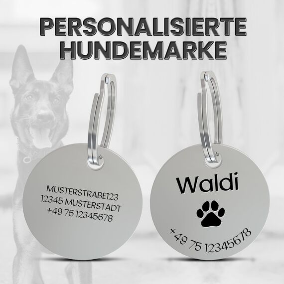 Meinearmbänder Hundemarke mit Gravur – personalisierbar mit Namen – 30 mm – Namensschild für Halsband – Anhänger für Hunde, Katzen & Welpen – inkl. Symbolauswahl