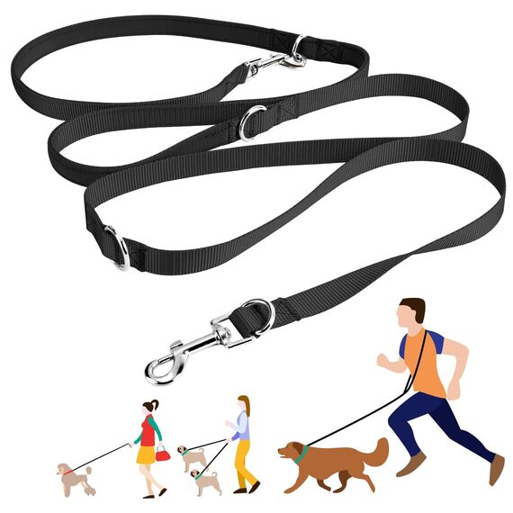 oneisall Freihandleinen für kleine & mittelgroße Hunde, Hundeleine 2.5m verstellbar Übungsleine & Führleine | Nylon Doppelleine mit 2 Karabiner Schwarz