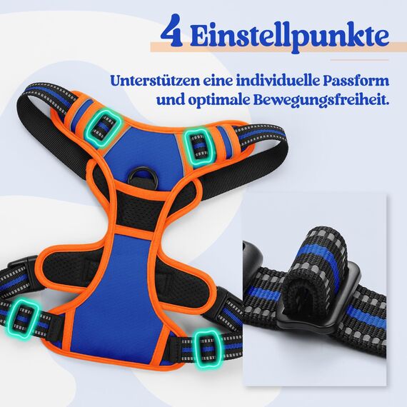 rabbitgoo Hundegeschirr Grosse Hunde, Anti Zug Geschirr mit Kontrolle, No Pull Verstellbar Hundegeschirr Mittelgroße Hunde, Atmungsaktiv Reflexstreifen Brustgeschirr Sichere Führung, Blau & Orange, XL