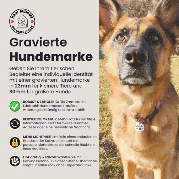 Hundemarke mit Gravur - Personalisiert - Edelstahl - ⌀30mm - Silber - Namensschild für Halsband - Dog Tag - Anhänger Marke für Hunde - mit Symbolauswahl - Tiermarke für Hunde, Katzen, Welpen, Pferde
