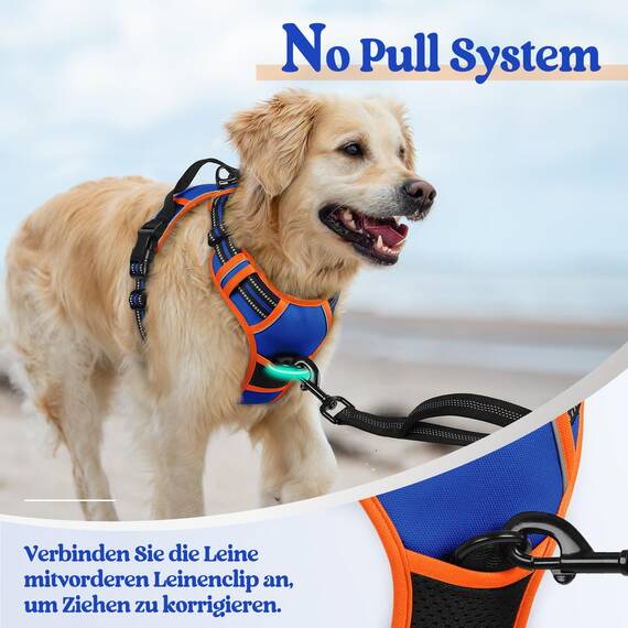 rabbitgoo Hundegeschirr Grosse Hunde, Anti Zug Geschirr mit Kontrolle, No Pull Verstellbar Hundegeschirr Mittelgroße Hunde, Atmungsaktiv Reflexstreifen Brustgeschirr Sichere Führung, Blau & Orange, L