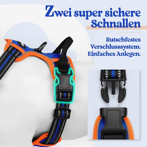 rabbitgoo Hundegeschirr Mittelgroße Hunde Anti Zug Geschirr Hund mit Kontrolle No Pull Verstellbar Hundegeschirr Grosse Hunde Atmungsaktiv Reflexstreifen Brustgeschirr Sichere Führung Blau+Orange M