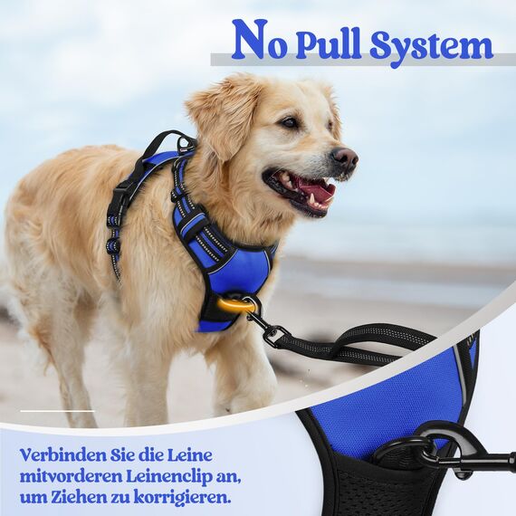 rabbitgoo Hundegeschirr Grosse Hunde, Anti Zug Geschirr mit Kontrolle, No Pull Verstellbar Hundegeschirr Mittelgroße Hunde, Atmungsaktiv Reflexstreifen Brustgeschirr Sichere Führung, Blau, L
