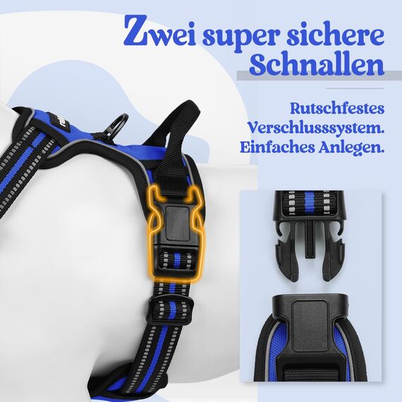 rabbitgoo Hundegeschirr Grosse Hunde, Anti Zug Geschirr mit Kontrolle, No Pull Verstellbar Hundegeschirr Mittelgroße Hunde, Atmungsaktiv Reflexstreifen Brustgeschirr Sichere Führung, Blau, L