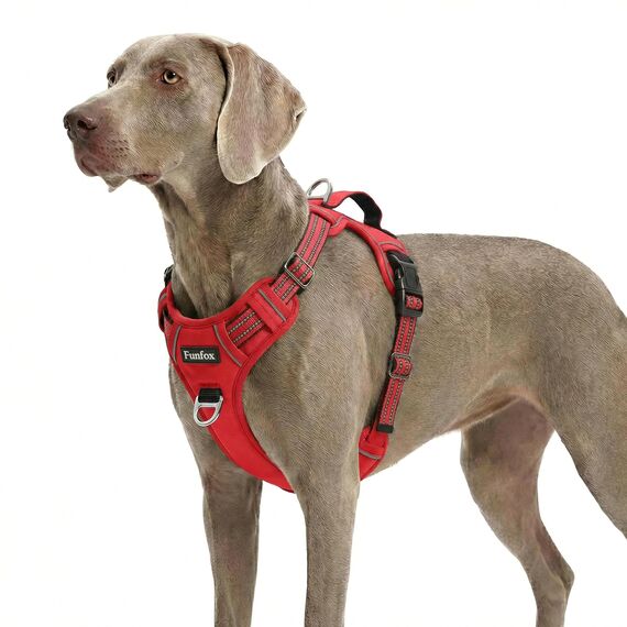 Funfox Hundegeschirr Grosse Hunde [XL] - Verstellbares Anti-Zug Brustgeschirr mit Griff & Reflektorstreifen, Atmungsaktives No Pull Hundegeschirr für Grosse/Mittelgroße Hunde Outdoor Rot