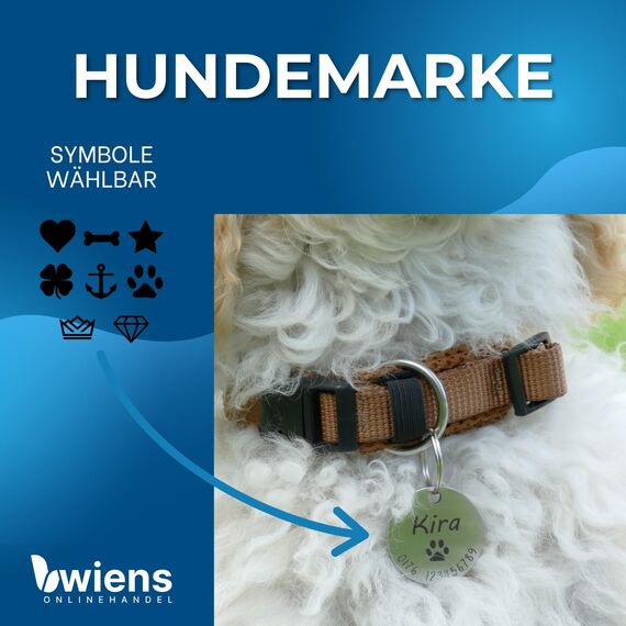 Hundemarke mit Gravur - Personalisiert mit Name - ⌀23mm - Namensschild für Halsband - Dog Tag - Anhänger Marke für Hunde - mit Symbolauswahl - Tiermarke für Hunde, Katzen & Welpen